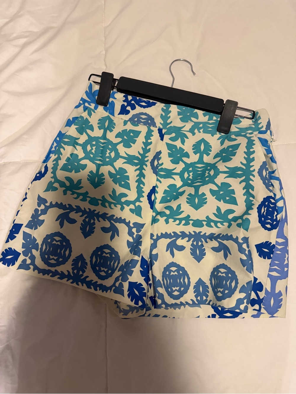 Zara Cream Shorts with Teal and Blue Tile Print